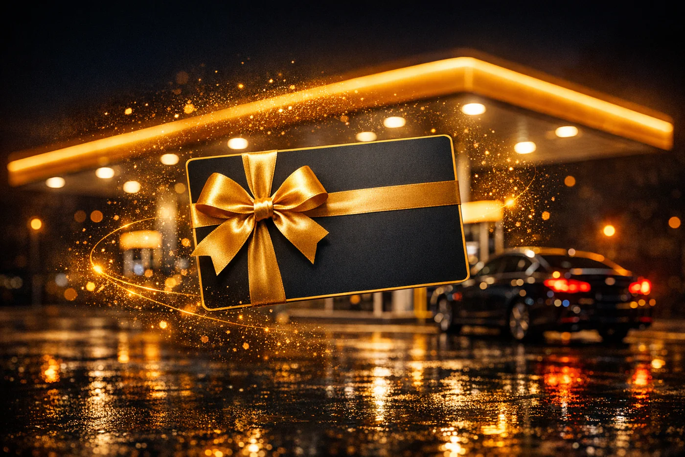 Tarjeta de regalo con moño dorado frente a una gasolinera de noche