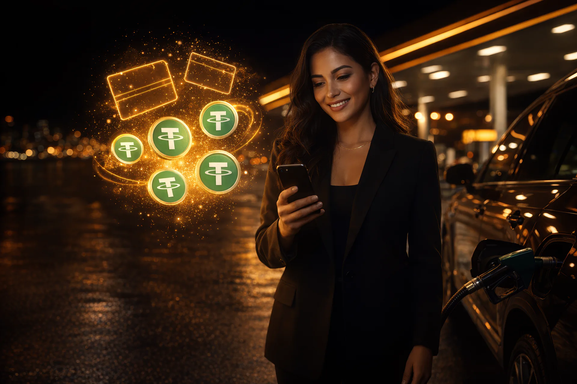 Una emprendedora sonríe mirando su teléfono junto a su auto en la gasolinera, mientras monedas USDT y tarjetas de regalo doradas flotan en el aire