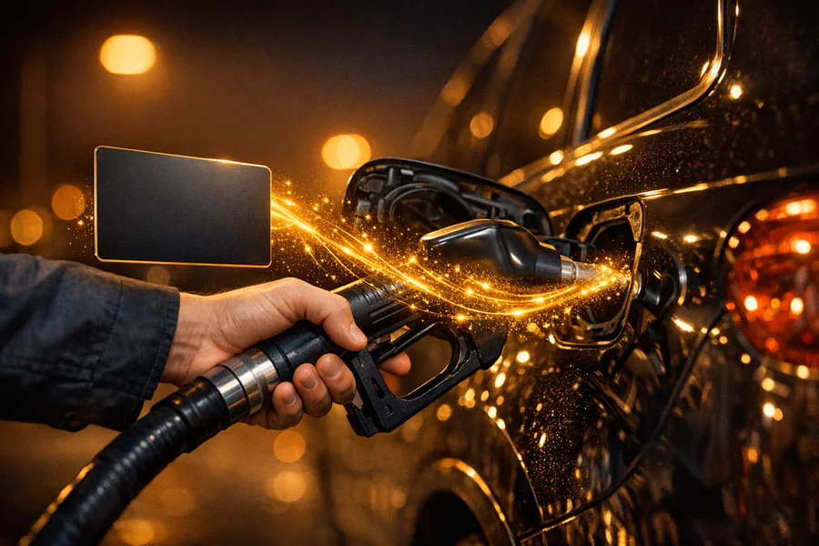 Una mano carga gasolina mientras una tarjeta de regalo dorada se convierte en combustible